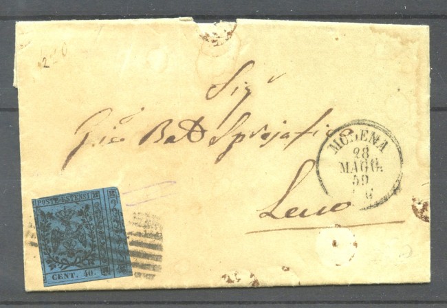 1859 - DUCATO DI MODENA - LOTTO/40764 - 40 CENT. AZZURRO SCURO SU LETTERA  PER LECCO