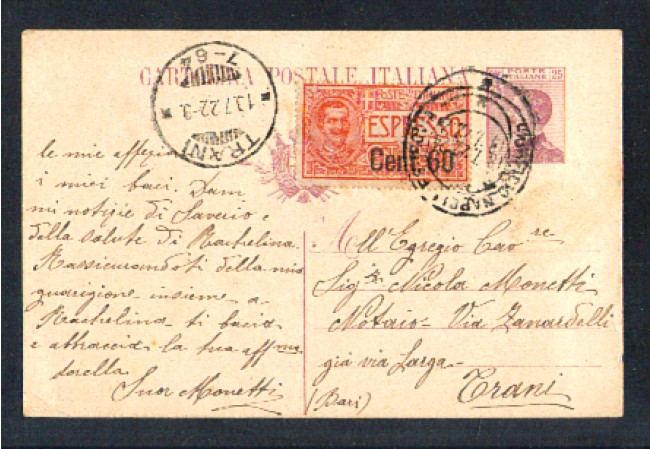 NAPOLI - 1922 - LOTTO/10869 - CARTOLINA POSTALE ESPRESSO PER TRANI