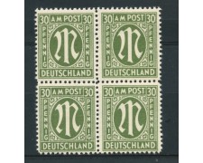 1945 - LOTTO/15807 - GERMANIA BIZONA - 30p. VERDE OLIVA - QUARTINA  NUOVA