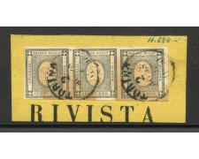 1861 - REGNO DI SARDEGNA - LOTTO/37913 - 2 CENT. PER STAMPATI - STRISCIA DI 3 USATI 1861 - REGNO DI SARDEGNA - LOTTO/37913 - 2 CENT. PER STAMPATI - STRISCIA DI 3 USATI