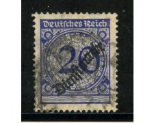 1923 - GERMANIA REICH SERVIZI - 20p. OLTREMARE SOPRASTAMPATO - USATO - LOTTO/29274 1923 - GERMANIA REICH SERVIZI - 20p. OLTREMARE SOPRASTAMPATO - USATO - LOTTO/29274