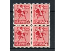 1944 - REPUBBLICA SOCIALE - 75c.  MONUMENTI DISTRUTTI QUARTINA NUOVI - LOTTO/RSI499NQ