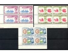 1960 - JAMAICA - LOTTO/38754Q - CENTENARIO DEL FRANCOBOLLO 3v. - NUOVI QUARTINE 1960 - JAMAICA - LOTTO/38754Q - CENTENARIO DEL FRANCOBOLLO 3v. - NUOVI QUARTINE