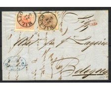 1857 - LOMBARDO VENETO - LOTTO/40553 - 15 CENT. + 30 CENT. SU LETTERA DA MILANO A BOLOGNA 1857 - LOMBARDO VENETO - LOTTO/40553 - 15 CENT. + 30 CENT. SU LETTERA DA MILANO A BOLOGNA